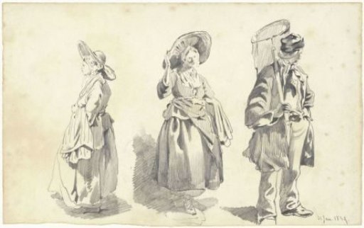 Studies of a woman with a large hat and a standing fisherman