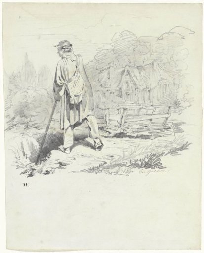 Standing man with a bag on his back in a landscape