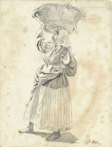Standing woman with a basket on her head, facing left