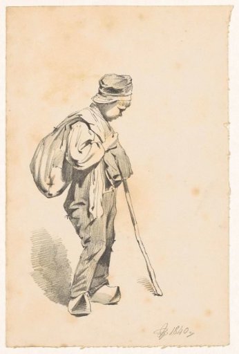 Standing boy with a stick and a bag over his shoulder