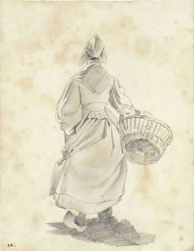 Standing woman with a basket, seen from the back