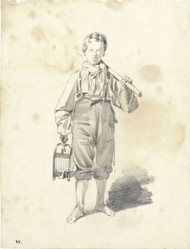 Boy with a birdcage, from the front