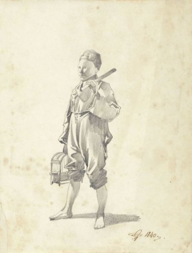 Boy with a birdcage, facing left