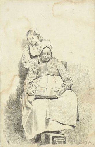Young woman standing behind a seated old woman reading