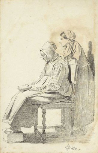 Young woman standing behind a seated old woman reading, from the side
