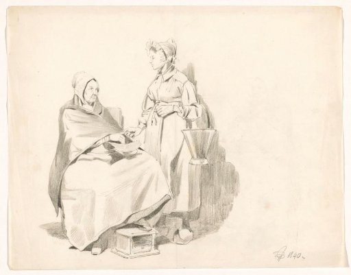Standing young woman beside a seated old woman
