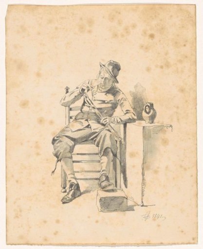 Seated man lighting his pipe