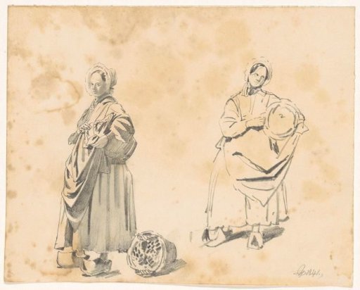 Two studies of a standing woman with a basket