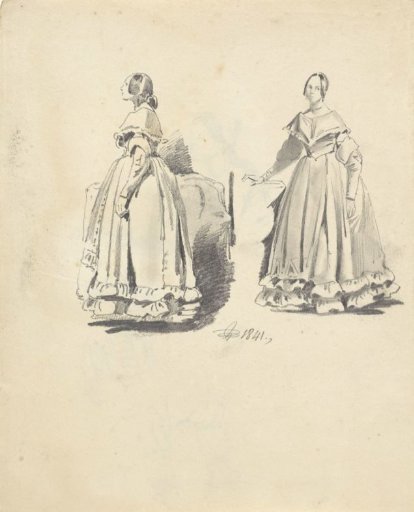 Two studies of a woman standing by a table