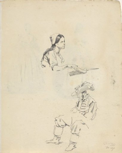 Studies of a woman with a book and a seated soldier