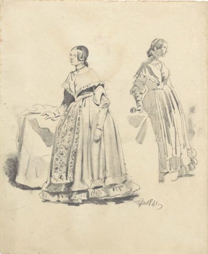 Two studies of a woman standing by a table