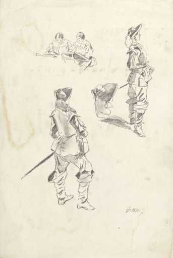 Studies of a soldier and a man seated at a table