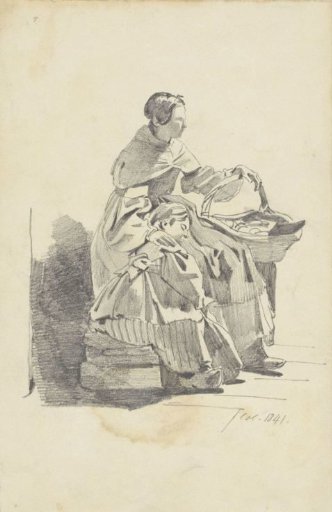 Seated woman with basket and sleeping child