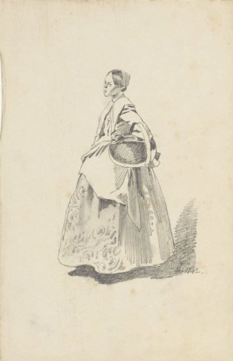 Standing woman with basket under arm, facing left