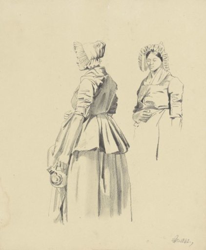 Two studies of a standing woman with a jug