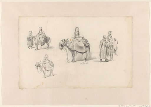 Studies of a woman with a jug, riding on a donkey