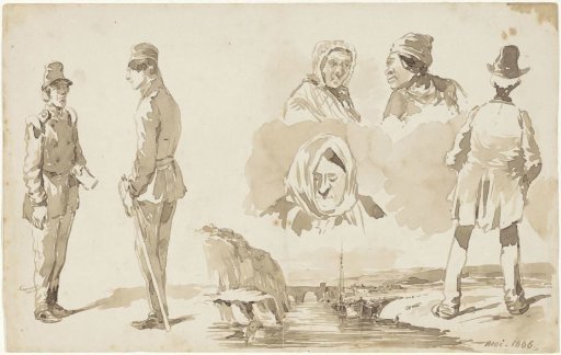 Sketches of two soldiers, other figures and a landscape