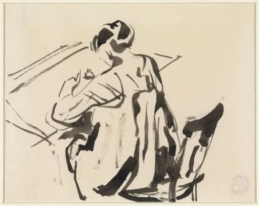 Woman writing, seen from behind