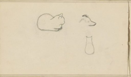 Lying and sitting cat and a dog's head