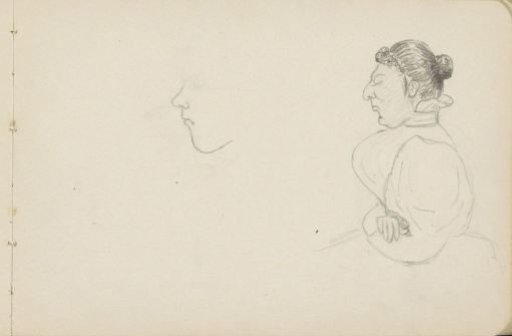 Seated woman with a caricatured head