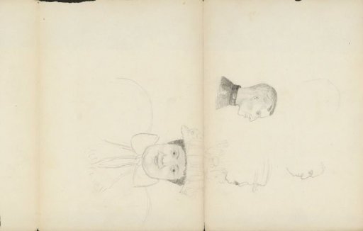 Men's heads and a caricatured head of a man with a decorated hat and a bow around his neck