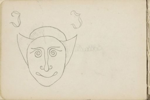 Head of a fantasy figure and two stylized capital letters J