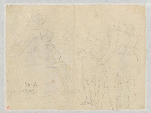 Four Standing Men Before a Seated Man