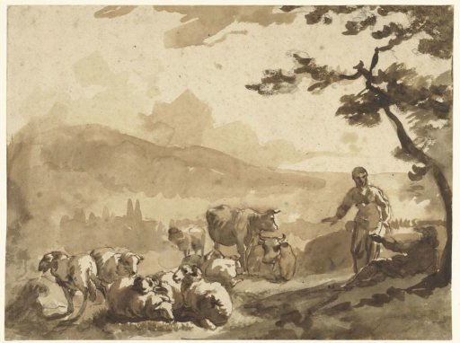 Landscape with Herders and Sheep, with a Mountain in the Distance