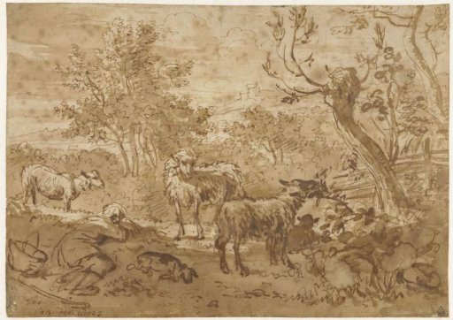 Sleeping Shepherd with Four Sheep