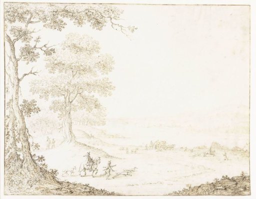 Carriage and riders in a landscape by a wide body of water