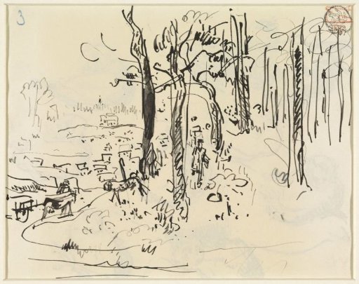Edge of a forest with a walker, horse and cart