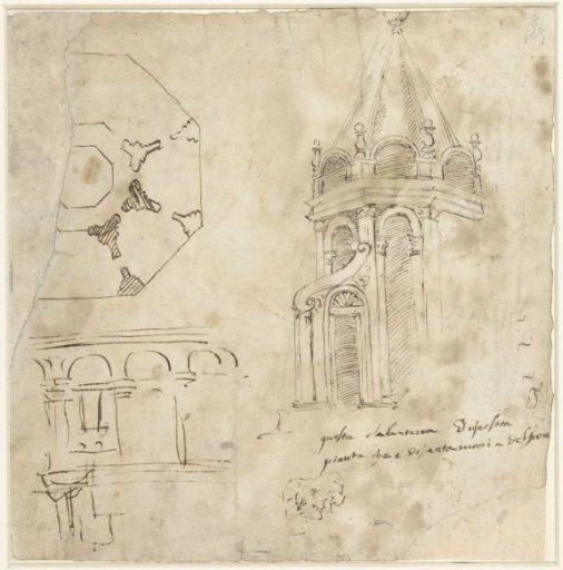 Sketch sheet with details of the Cathedral of Florence and a profile head