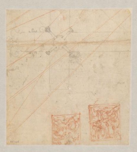 Design for an ornate altar cross and two designs for a Sacra Conversazione