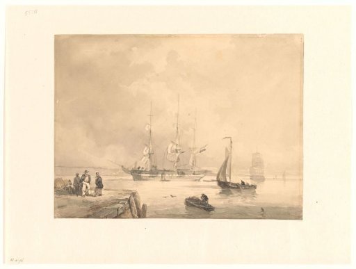 Three-master and other ships in calm water before the quay
