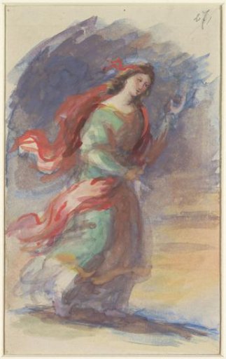Walking young woman, in colorful, fluttering garment, against a dark background
