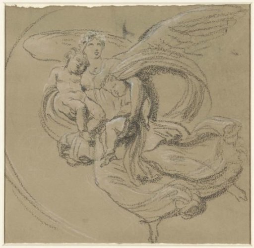 Night: winged female figure, floating to the left with a child on each arm