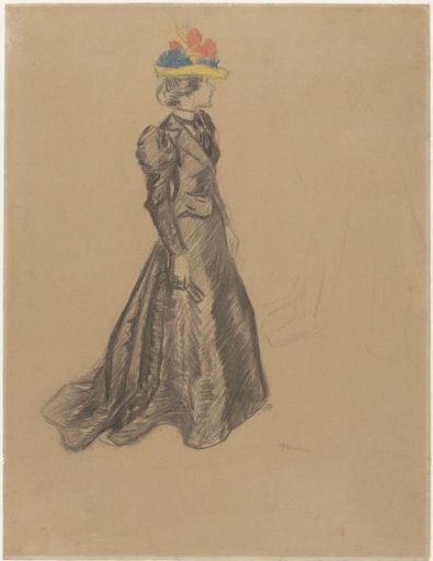 Standing lady in a black suit with train, and a colored straw hat with summer flowers