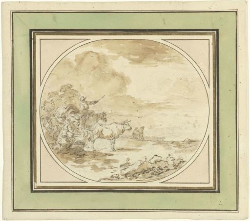 Family with cattle halting at a spring