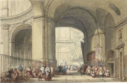 Interior of St. Roch in Paris, with a procession in the foreground