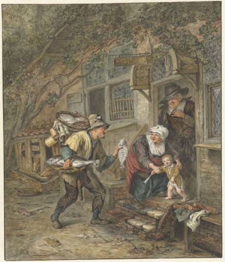 A fishmonger offers a turbot to a schoolmaster and his family