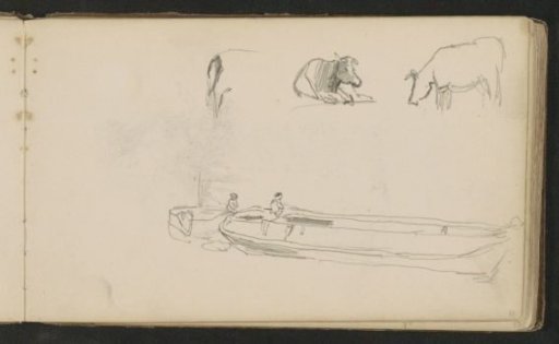 Cows and two figures on a barge