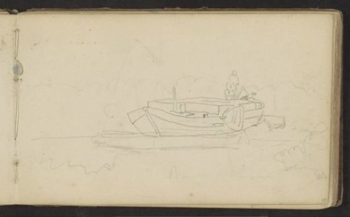 Two figures on a barge on the water's edge