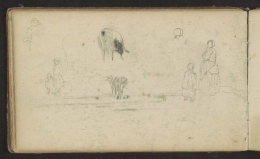 Cows in a meadow, a cow and figure studies