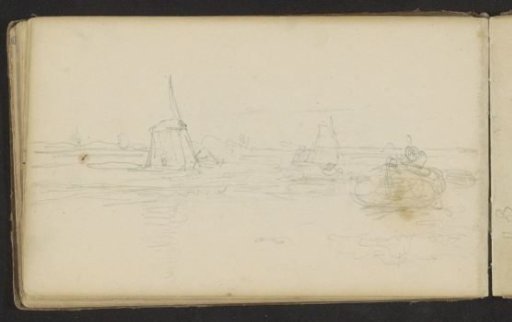 Landscape with a mill and boats on a canal