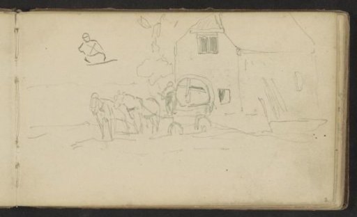 Wagon with two horses in front of a house