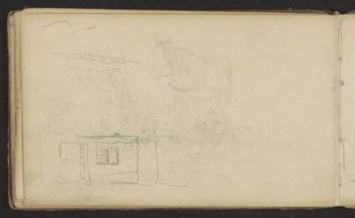 Horse in harness, roof tiles, and a rural dwelling