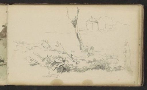 Landscape with a leafless tree trunk and houses