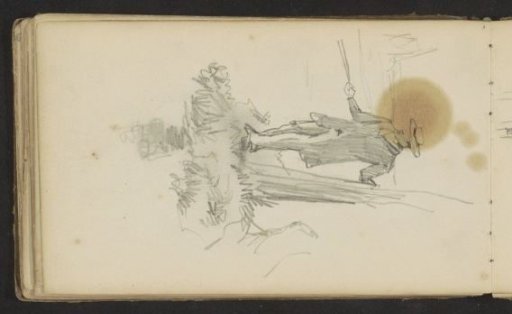 Man with a walking stick leaning against a tree
