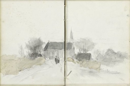 Figures on a path leading to a church