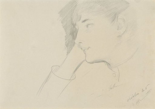 Head of a pensive lady with the head supported on the hand